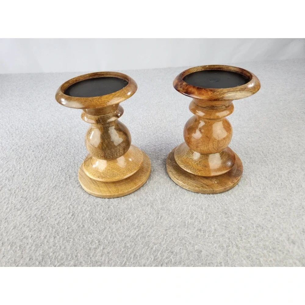 Pottery Barn Candle Holder Turned Wood Pillar Bougeoir Vintage MCM Wooden Decor